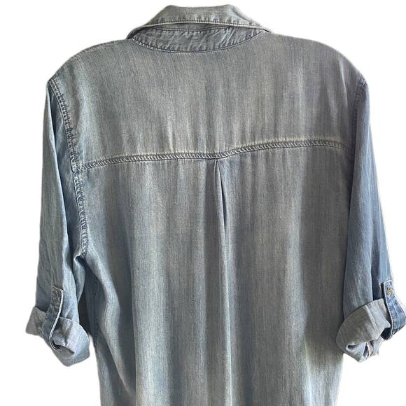 SILVER M Chambray Romper Drawstring Waist Roll Tab Sleeves Button Front Lyocell - Picture 6 of 10